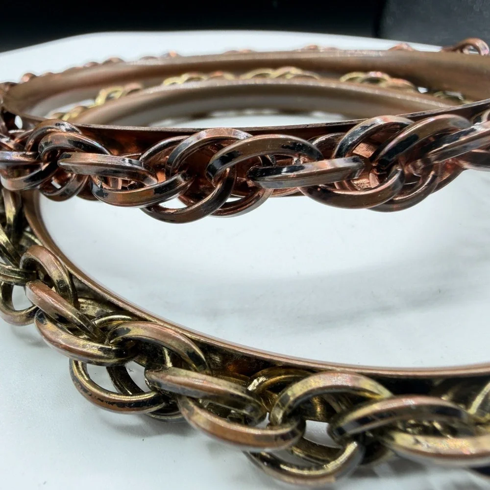 Pair Copper & Brass Tone Chain Link Bangle Bracelet Boho Stack Statement Jewelry
